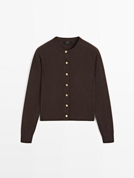 Massimo Dutti Кардиган из 100% шерсти с золотистыми пуговицами, коричневый