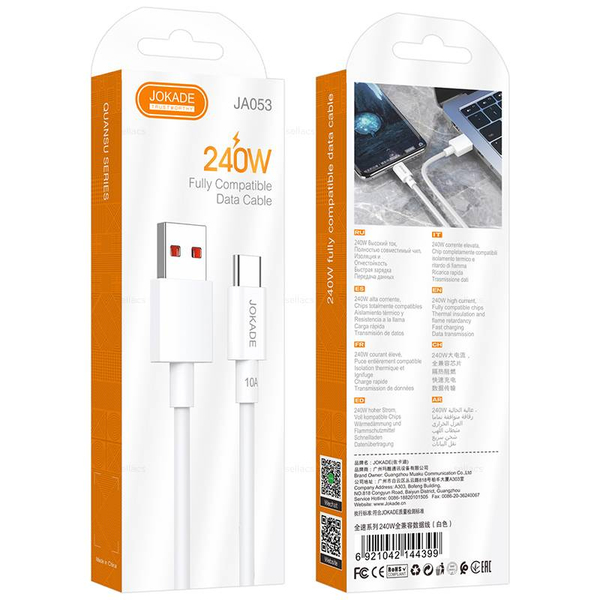 JOKADE JA053, кабель 240W для зарядки и передачи данных на устройства type-c