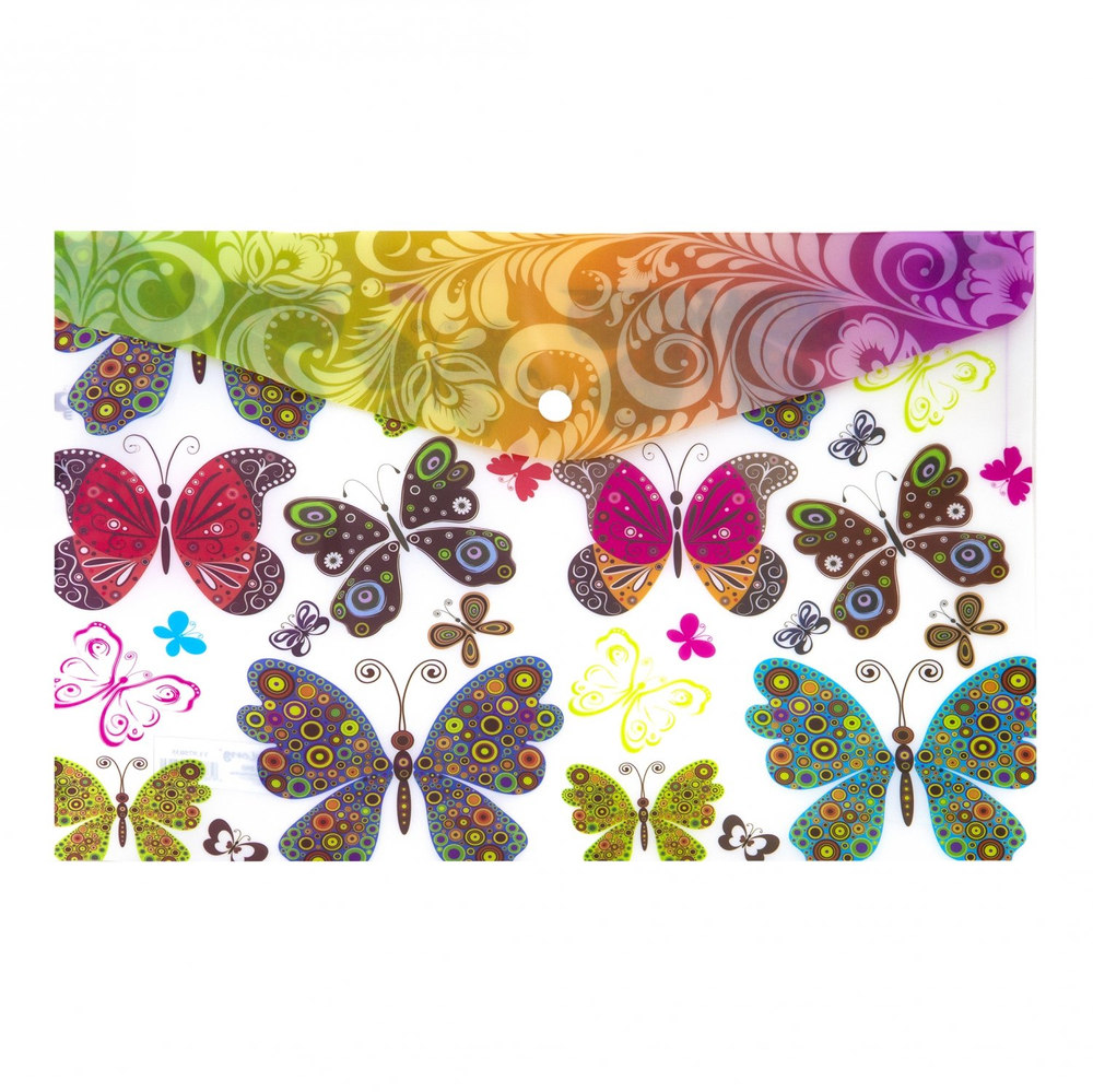 Папка-конверт на кнопке Yalong, A4, 260х360 мм, 160 мкм, ассорти, полупрозрачная с рисунком, "Бабочки"