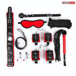 Стильный черно-красный набор БДСМ: маска, кляп, зажимы, плётка, ошейник, наручники, оковы, верёвка (Цвет: черный с красным)