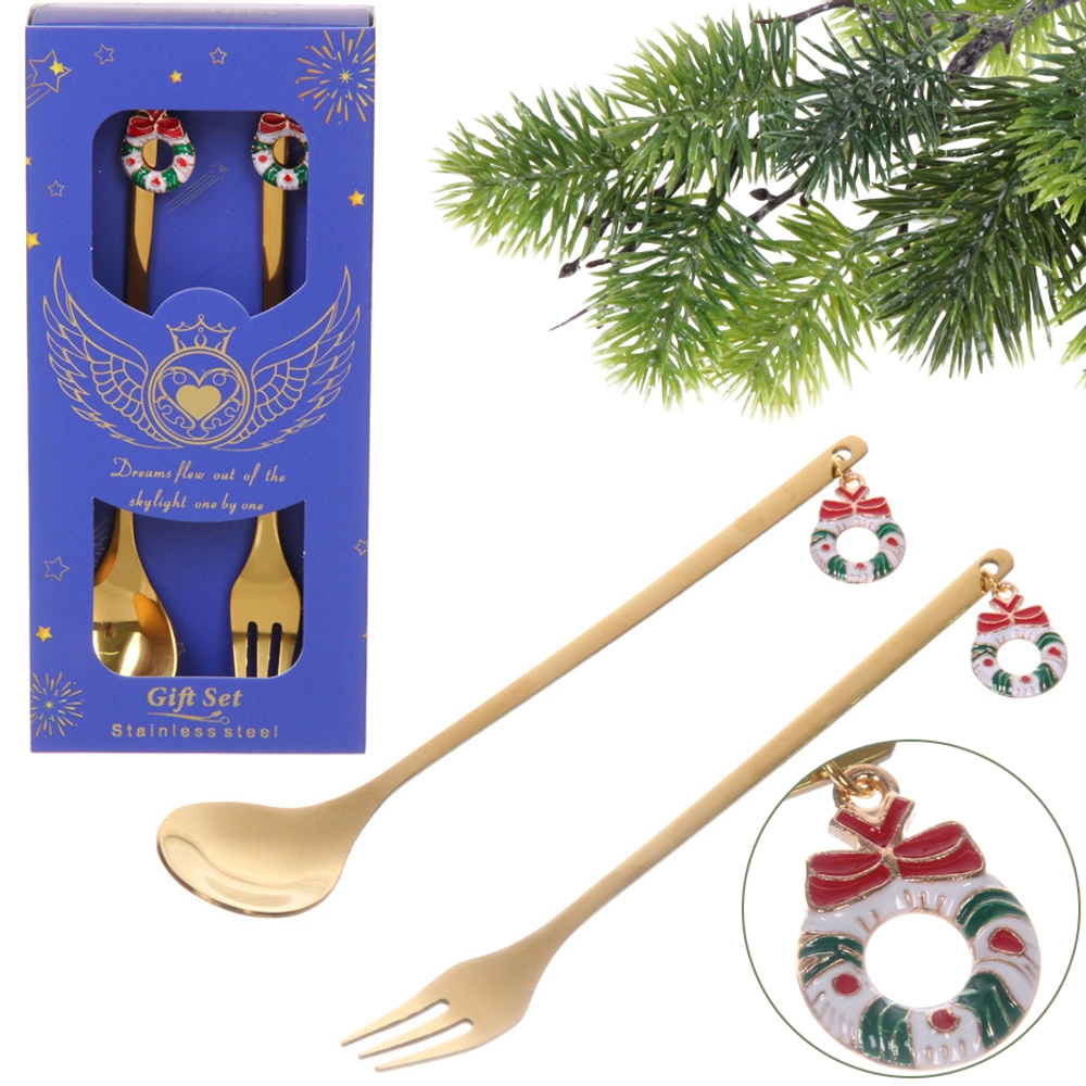 Набор для десерта «Новогодний микс» 2предмета (ложка+вилка) в подарочной коробке, золото