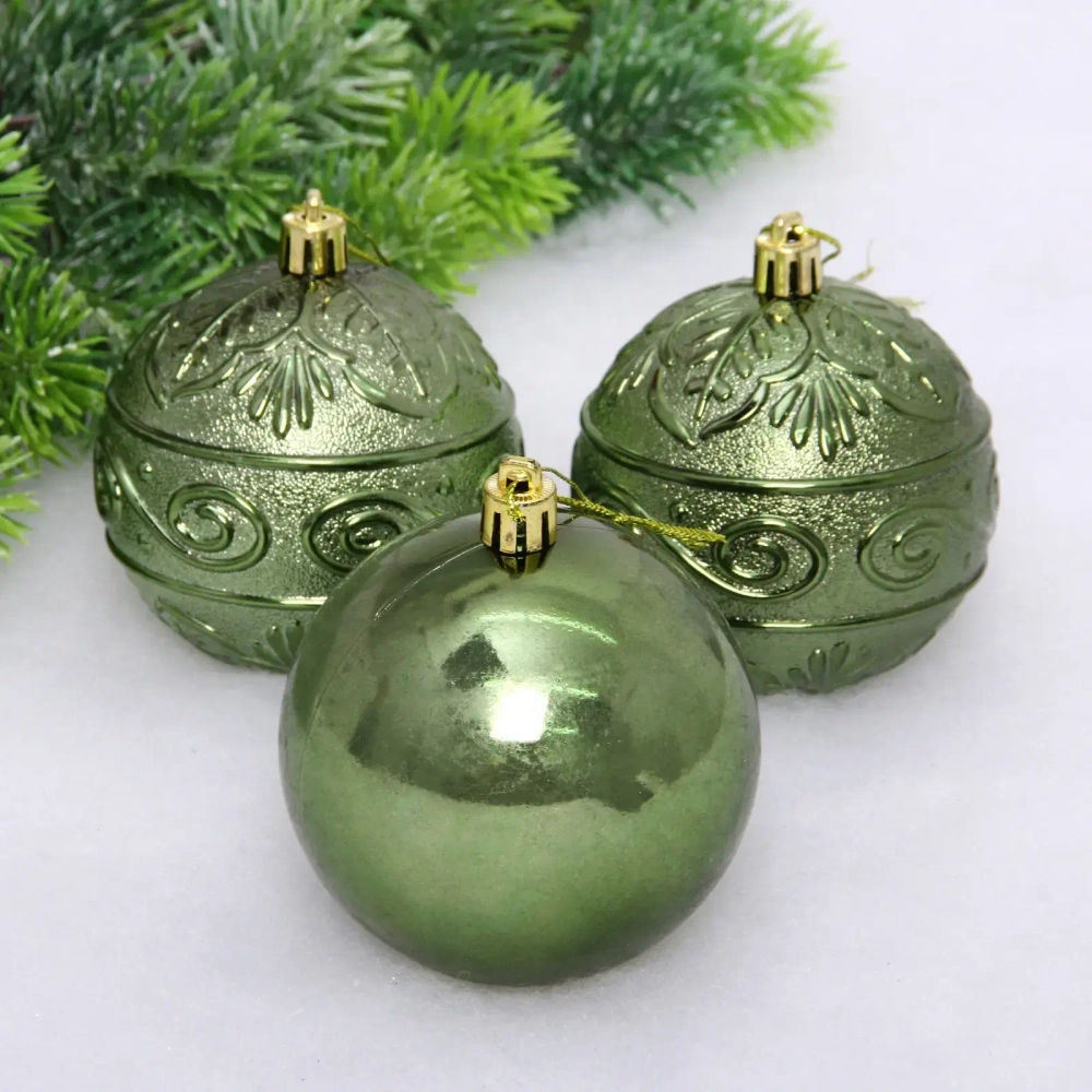 Новогодние шары 8 см (набор 3 шт) «Микс фактур», изумруд