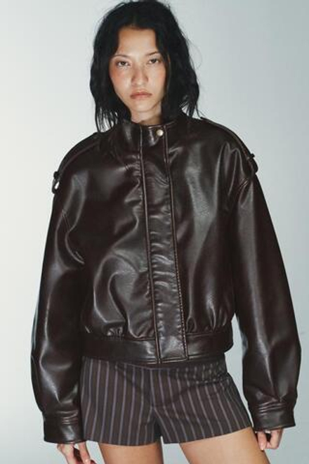 ZARA КУРТКА ИЗ ИСКУССТВЕННОЙ КОЖИ С ХЛЯСТИКАМИ, КОРИЧНЕВЫЙ