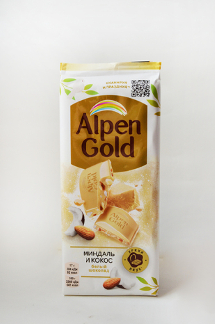 Шоколад Alpen Gold белый с миндалем и кокосовой стружкой