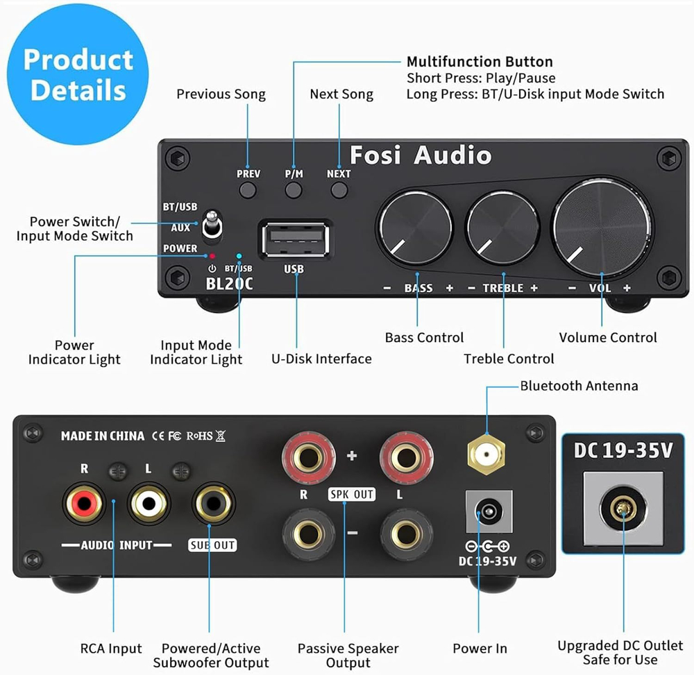 Fosi Audio BL20C Bluetooth HiFi 2.1 усилитель 160W x 2 + USB