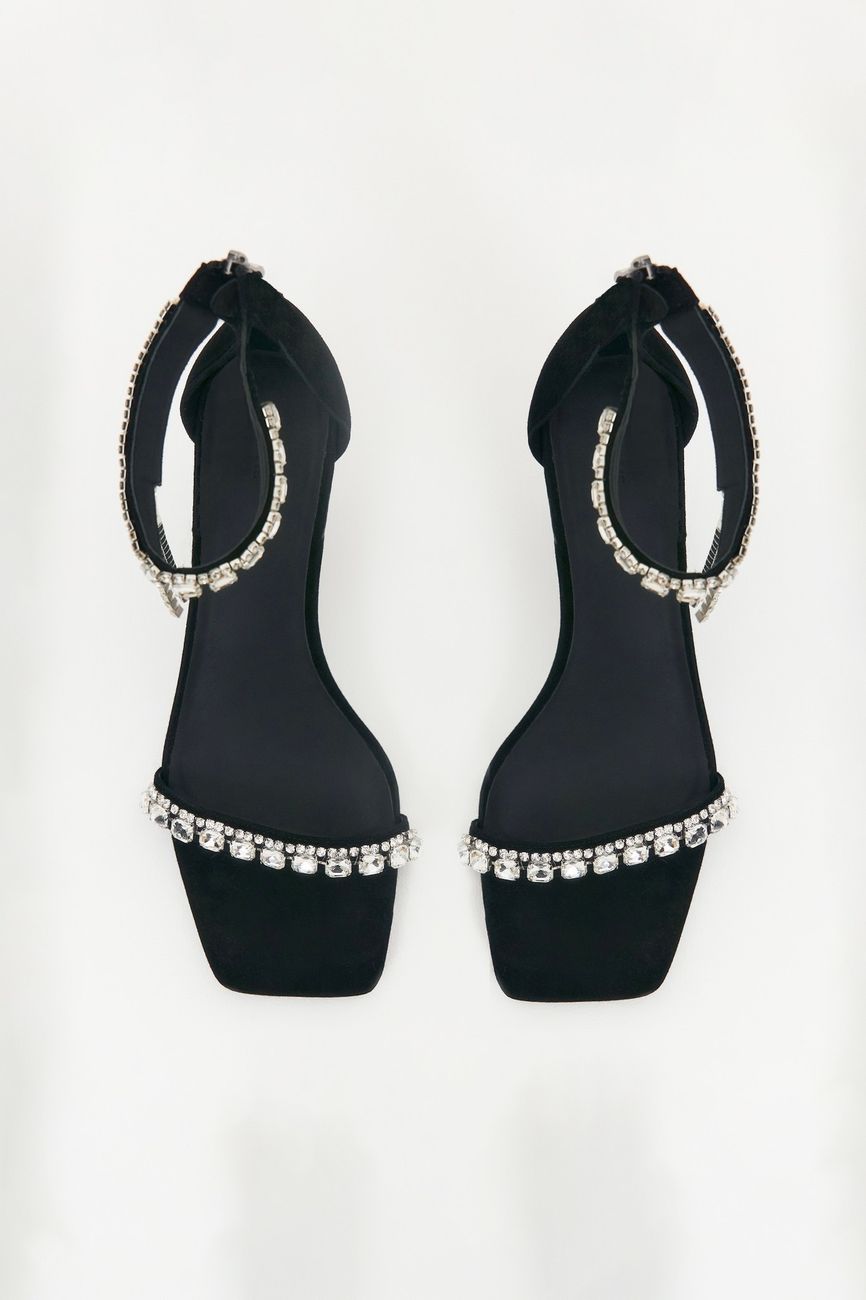 Босоножки из замши с декором из страз, черный