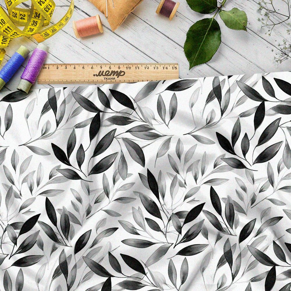 Ткань Ниагара Софт серые листочки на белом