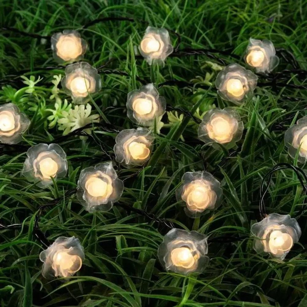 Гирлянда для улицы «Нежный цветок» 3 м 20 ламп LED чёрный провод, 2 реж.,IP-55, Теплый белый (солнечная батарея)