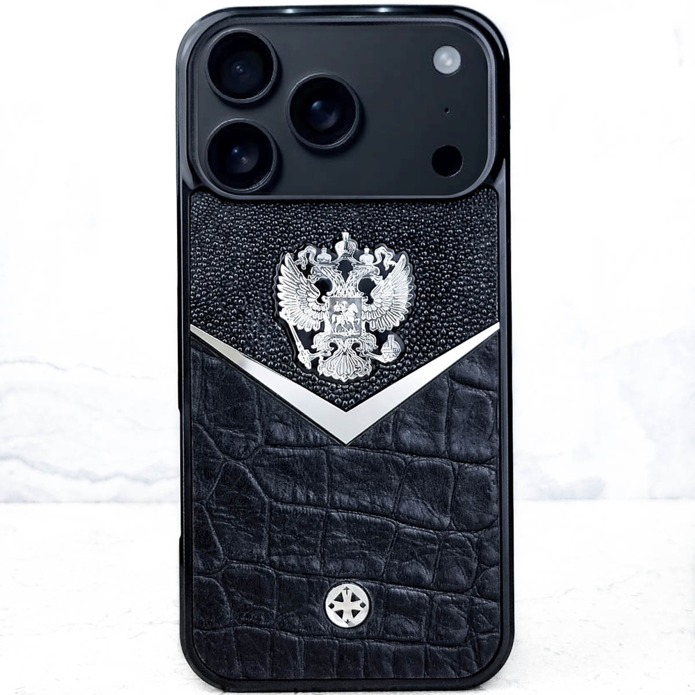 Эксклюзивный чехол iphone с гербом России купить - Euphoria HM Premium - натуральная кожа CROC, ювелирный сплав