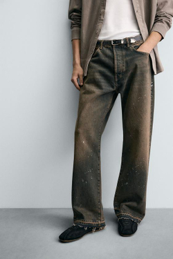 ZARA ДЖИНСЫ СВОБОДНОГО КРОЯ С БРЫЗГАМИ, ПЕСОЧНЫЙ/СИНИЙ