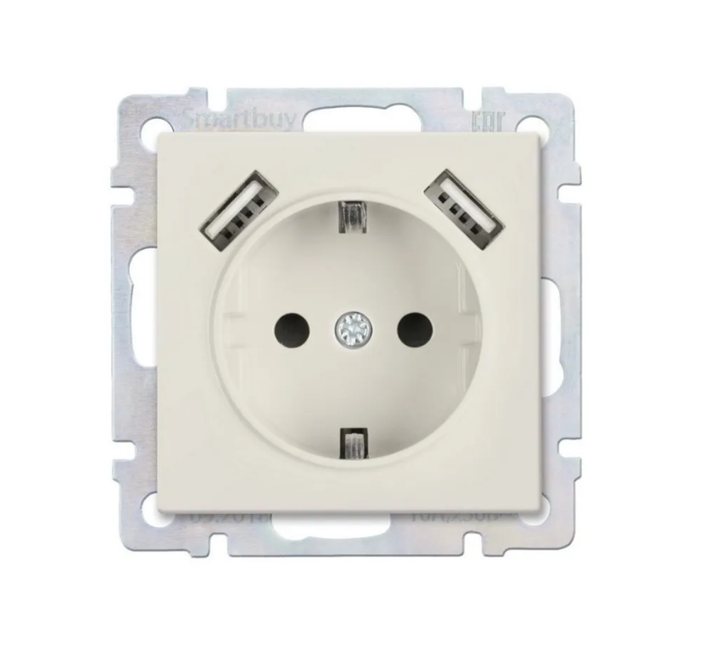 Розетка Smartbuy с заземлением и 2-мя USB 16А "Нептун" (SBE-05i-16-S1-USB), бежевый
