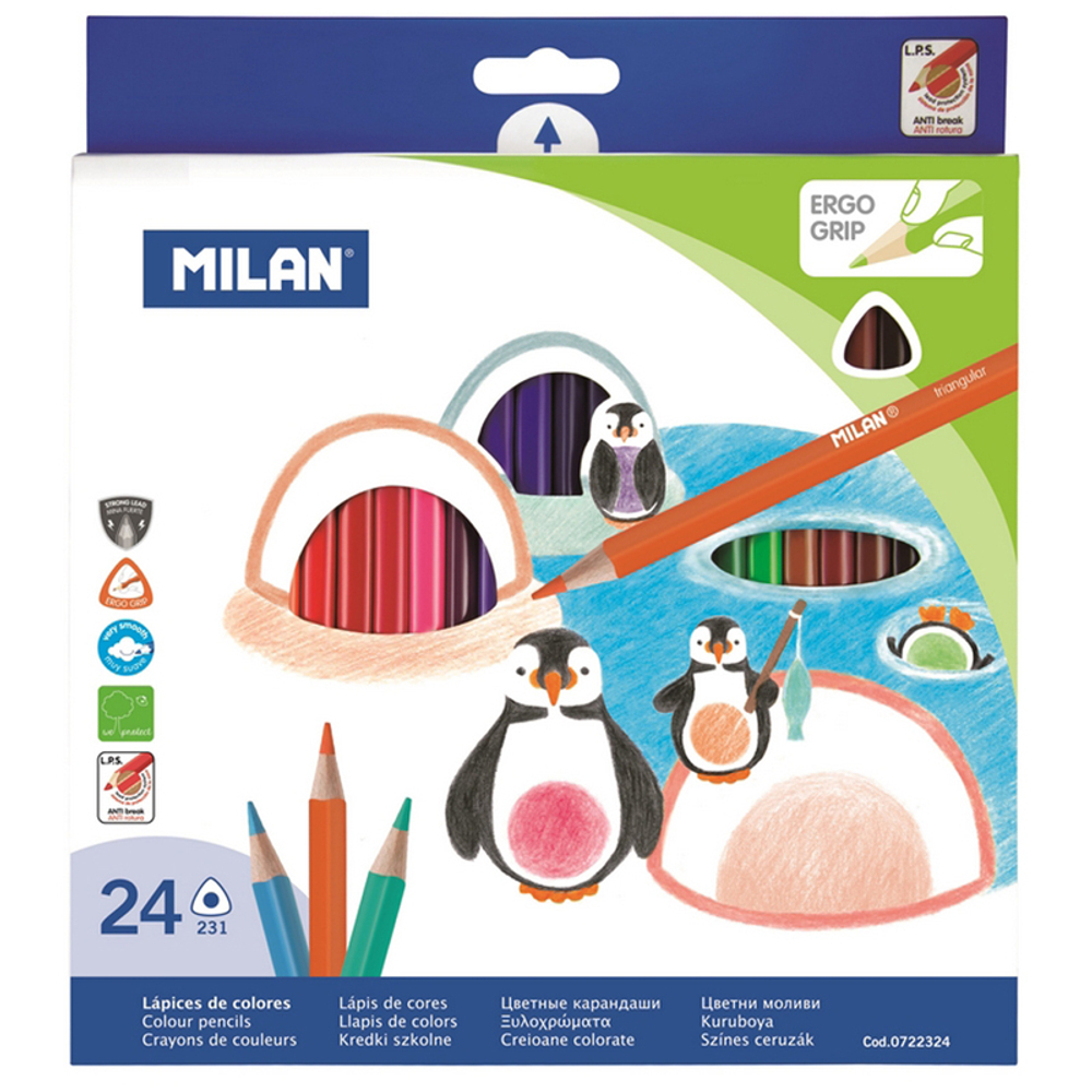 Карандаши Milan "231", 24цв., трехгран., заточен., картон, европодвес