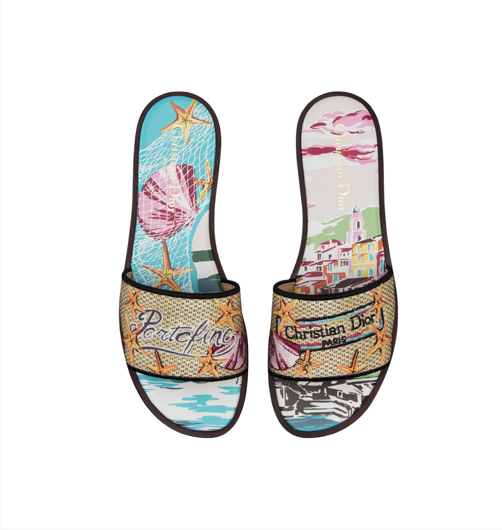 Женские мюли Dior Souvenir Dway Slide из натуральной рафии и вышитого хлопка Portofino