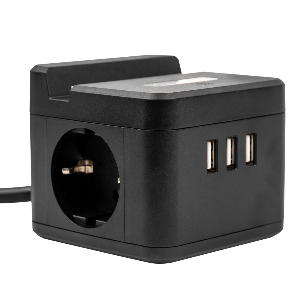 S-GCD2-1.5SBUH BLACK Удлинитель серии Standard. с-з. шнур 1.5м. 2 гнезда. 3 USB. 16А. держатель для телефона. Черный. ТМ Uniel