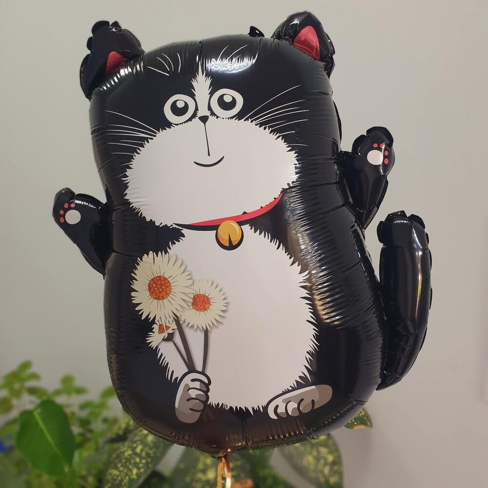 Фольгированный шар-фигура «Кот черный с букетом ромашек», 64 см