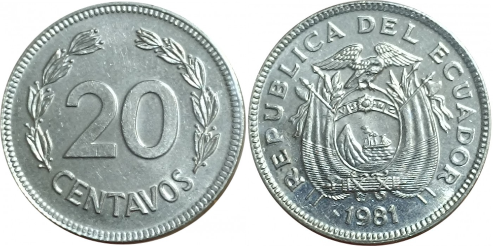 Эквадор 20 сентаво, 1975 - 1981 Герб XF