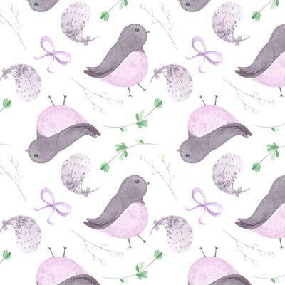 Весенний принт. Пасхальный принт. Сад, птички, верба, природа, зелень, цветы и растительность.