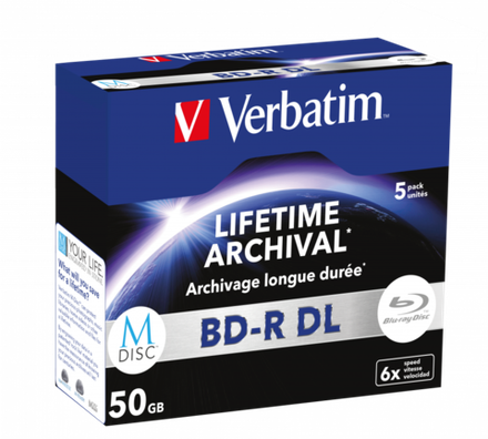 Оптический диск Verbatim BD-R DL 50GB 6X MDISC Lifetime archival, Jewel Case, 5 шт