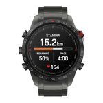 Спортивные часы Garmin MARQ Athlete (Gen 2) Performance Edition, гибридный блочный браслет, силиконовый ремешок цвета «красная плазма» Безель и корпус из титана с DLC-покрытием, AMOLED-дисплей с куполообразным сапфировым стеклом. Блочный браслет из титана