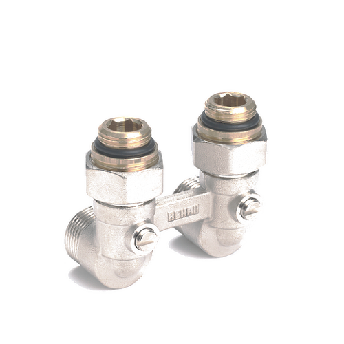 Пара шаровых кранов с соед. нип. G 1/2xG 3/4, угловой (никелирован.)