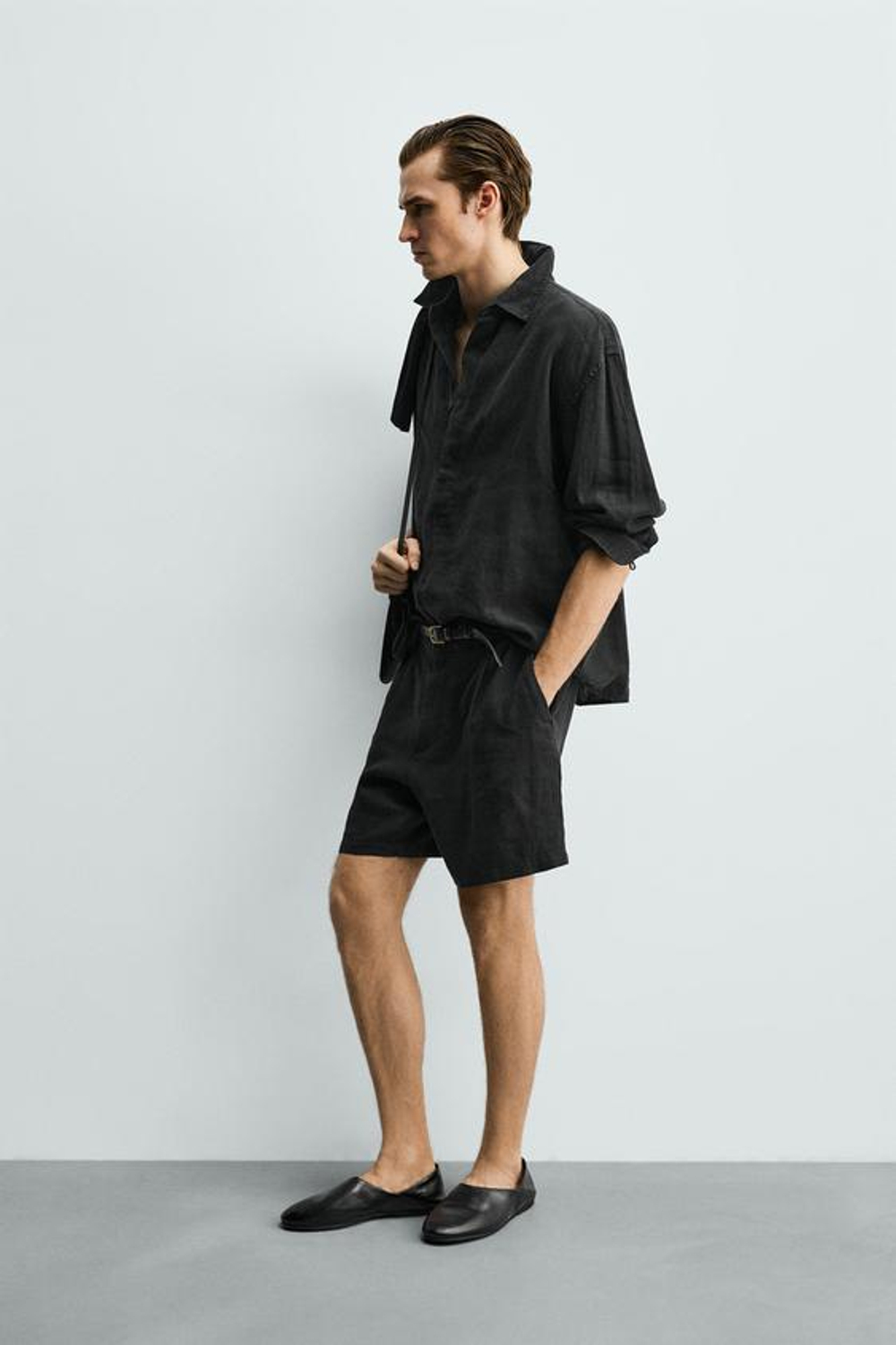 ZARA ШОРТЫ RELAXED FIT ИЗ 100% ЛЬНА, ЧЕРНЫЙ