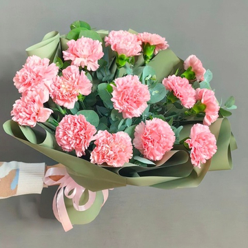 Букет из 15 розовых диантусов с эвкалиптом