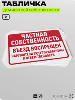 Табличка для частной территории "Частная собственность, въезд запрещен", на дом, для участка, организаций, предупреждающая, 40х30 см, Silver Plane x Айдентика Технолоджи
