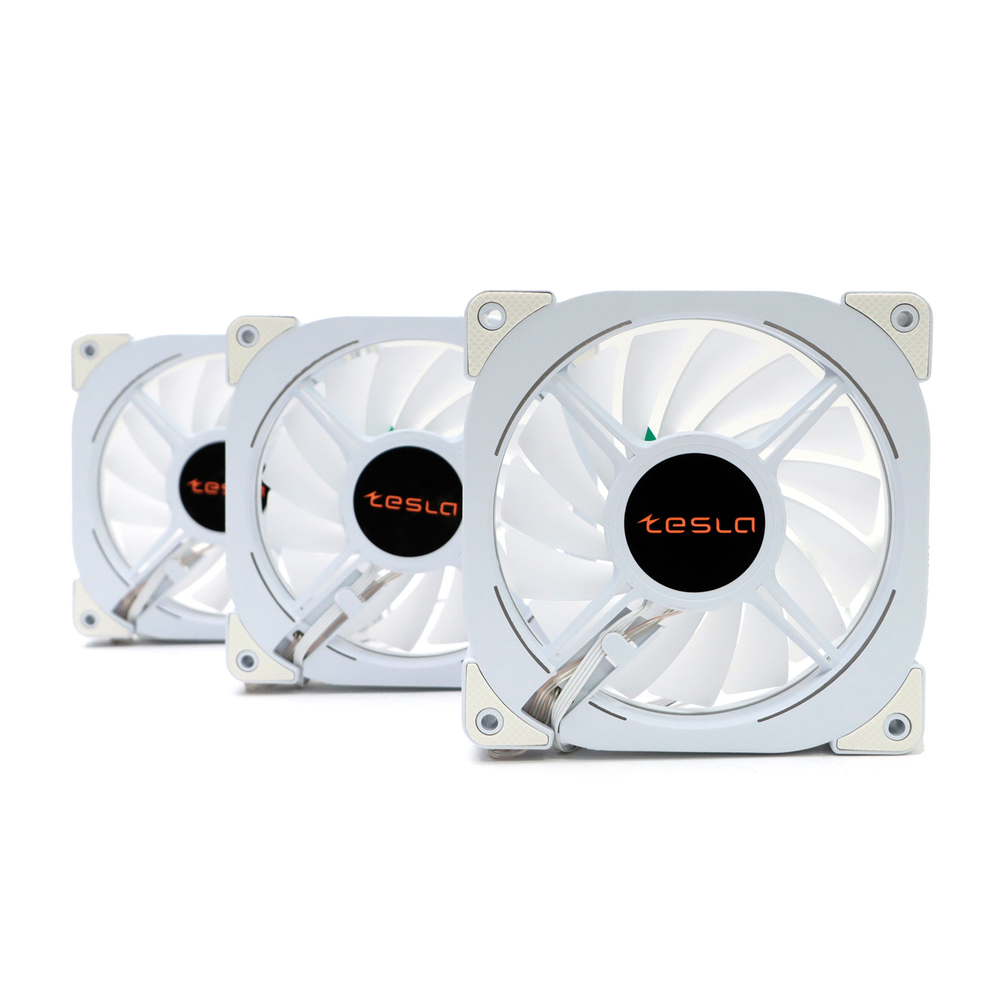 Комплект из 3 вентиляторов TESLA RGB120-XW3, 120мм, 1200rpm, Molex, белый/RGB, 38CFM, 21дБ, антивибропрокладки, бесконечное зеркало, изменение скорости анимации подсветки (TSL-120-XW3)