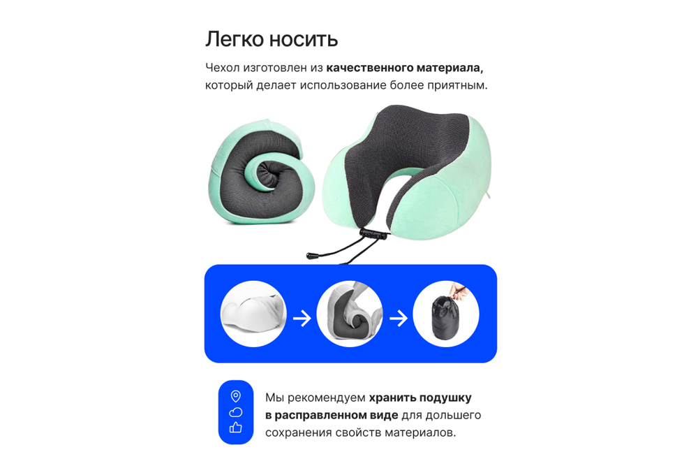 Подушка для путешествий RoadLike Travel Kit Velvet с эффектом памяти, мятный