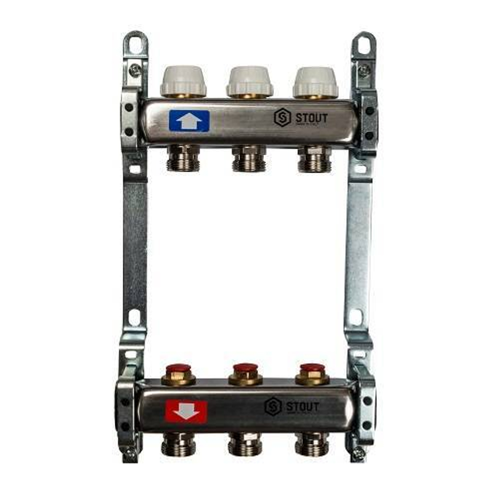 Коллекторная группа для радиаторного отопления STOUT SMS0922 - 1" на 3 контура 3/4"EK (нерж.сталь)