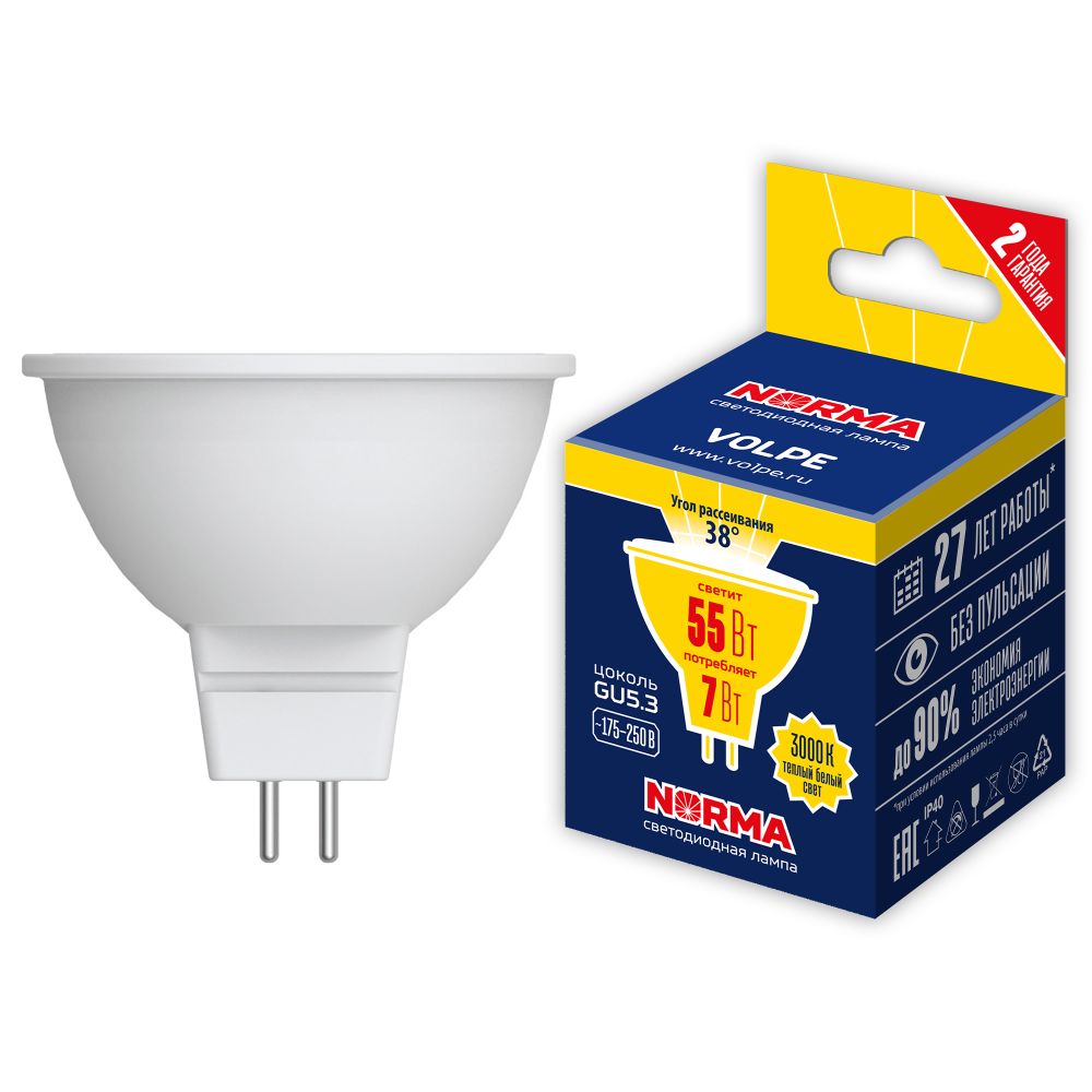 LED-JCDR-7W-3000K-GU5.3-38D-NR Лампа светодиодная. Форма JCDR. матовая. Серия Norma. Теплый белый свет 3000K. Угол свечения 38. Картон. ТМ Volpe