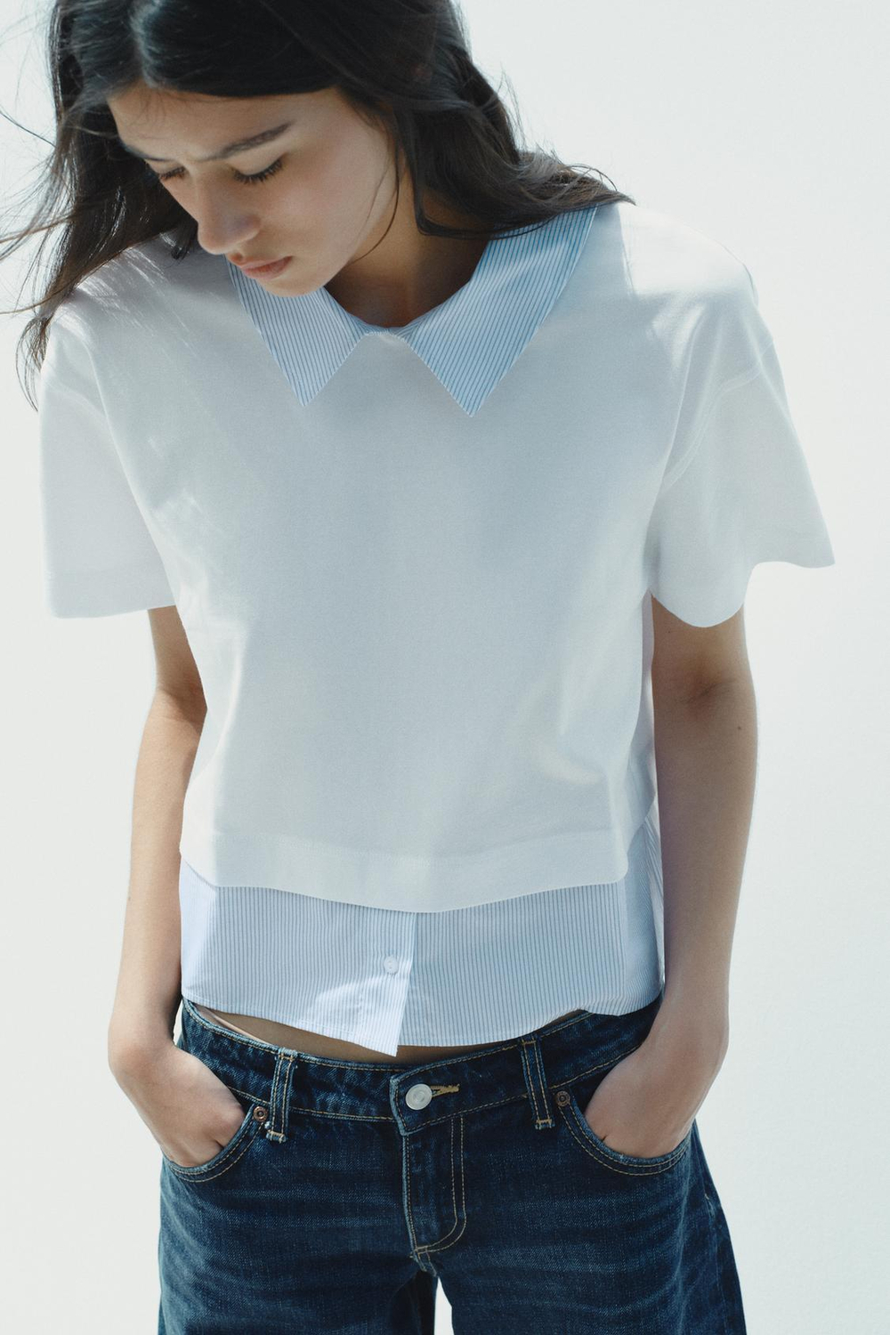 ZARA КОМБИНИРОВАННАЯ ФУТБОЛКА В ПОЛОСКУ, БЕЛЫЙ