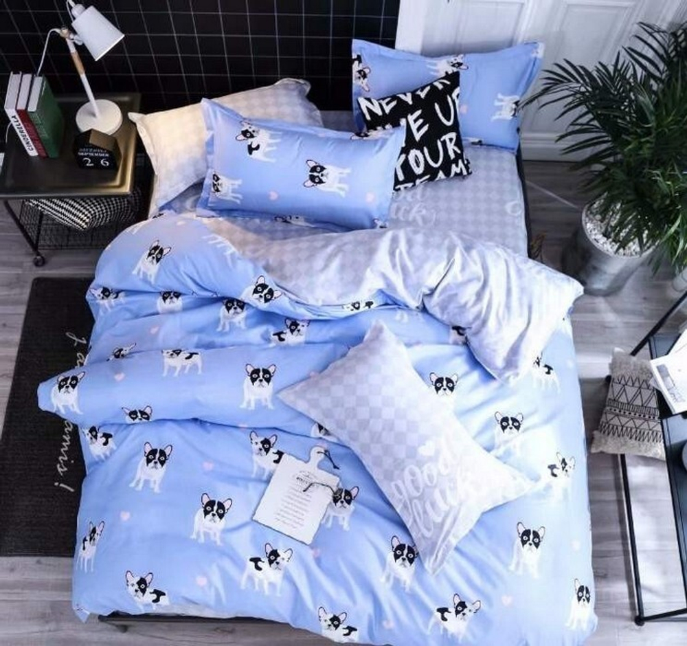 2-спальное постельное белье из сатина Голубое с щенками