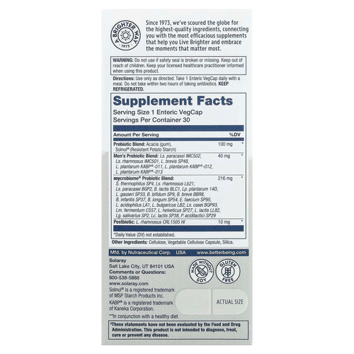 Solaray, Mycrobiome®, полноценный пробиотик для мужчин, 30 растительных капсул