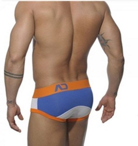 Мужские трусы брифы синие с оранжевой резинкой и вставкой из сетки Seobean Addicted