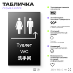 Табличка "Туалет направо и налево", на дверь и стену, информационная и мультиязычная (русский, английский, китайский), серия GLOBAL, 25х15 см, Айдентика Технолоджи