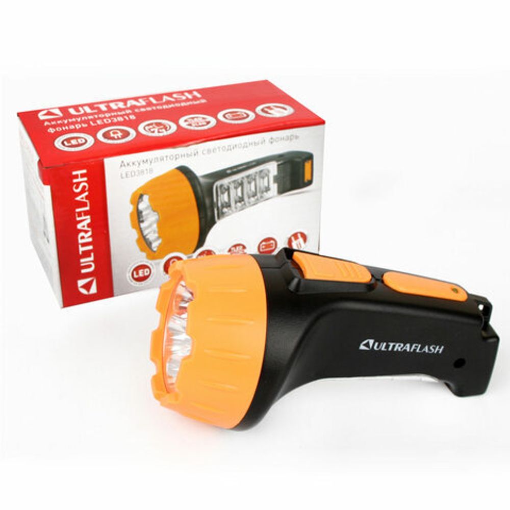 Фонарь аккумуляторный ULTRAFLASH 7хLED+8хLED, 2 режима, выдвижная вилка, заряд от сети, LED3818