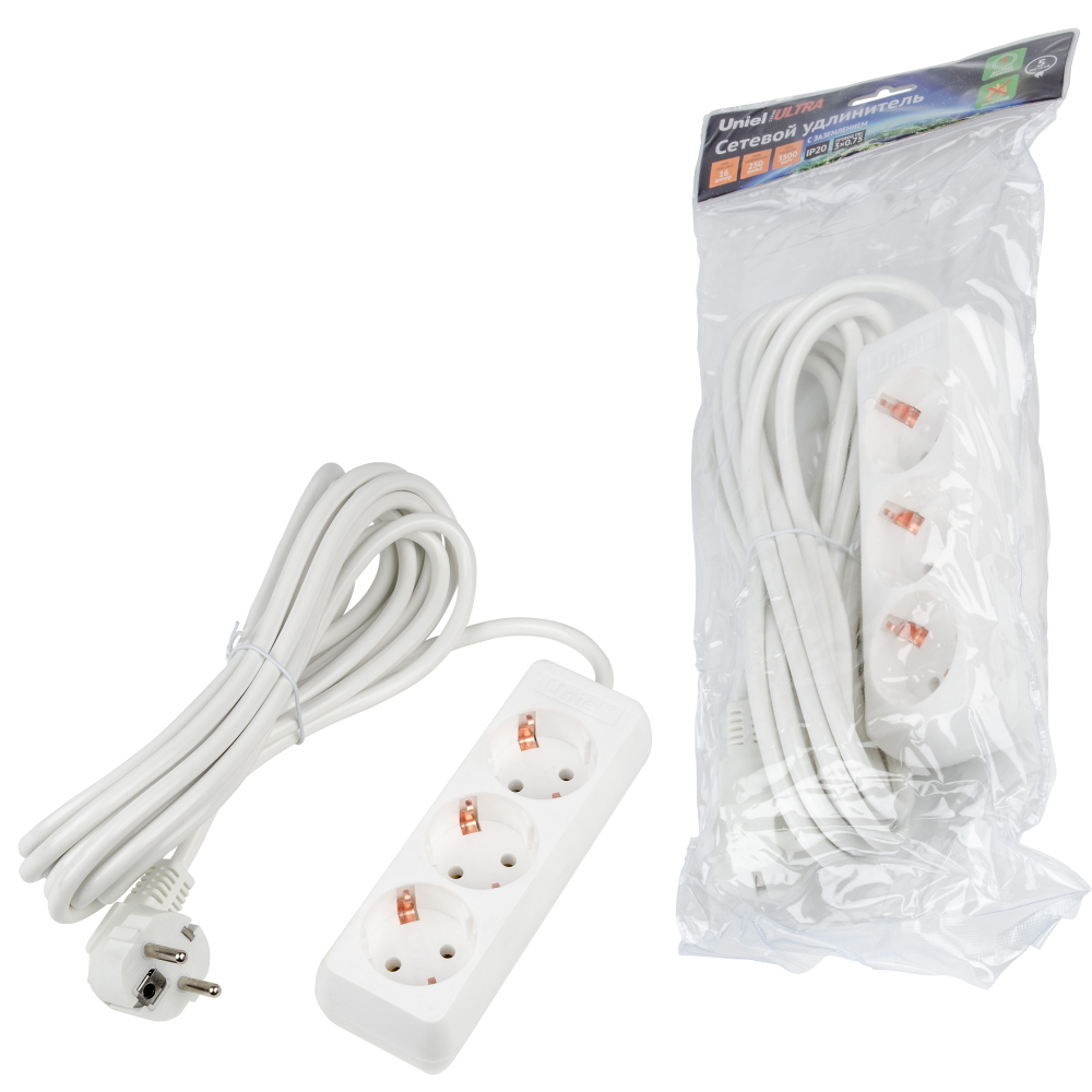 S-GCU3-5 WHITE Удлинитель серии Ultra, шнур 5м., 3 гнезда, 16A, с/з. Белый. TM Uniel