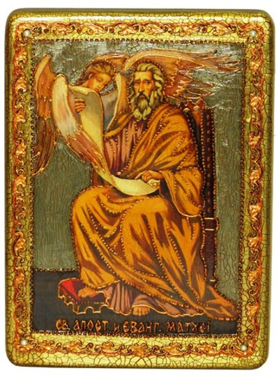 Инкрустированная икона Святой апостол и евангелист Матфей 29х21см на натуральном дереве в подарочной коробке