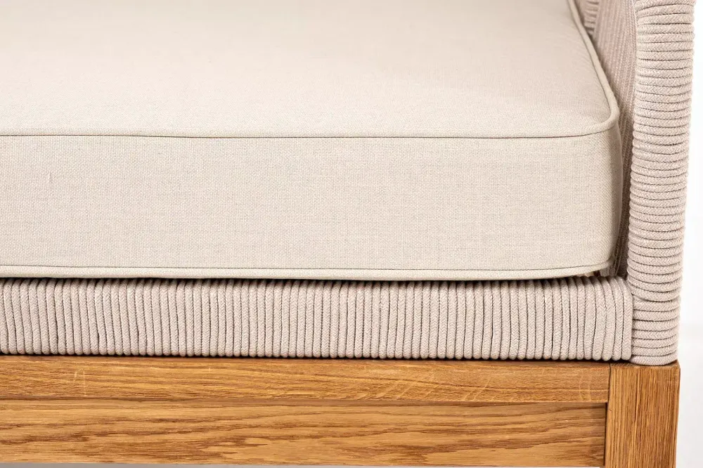 "Канны" левый модуль плетеный из роупа, основание дуб, роуп бежевый круглый, ткань бежевая 052