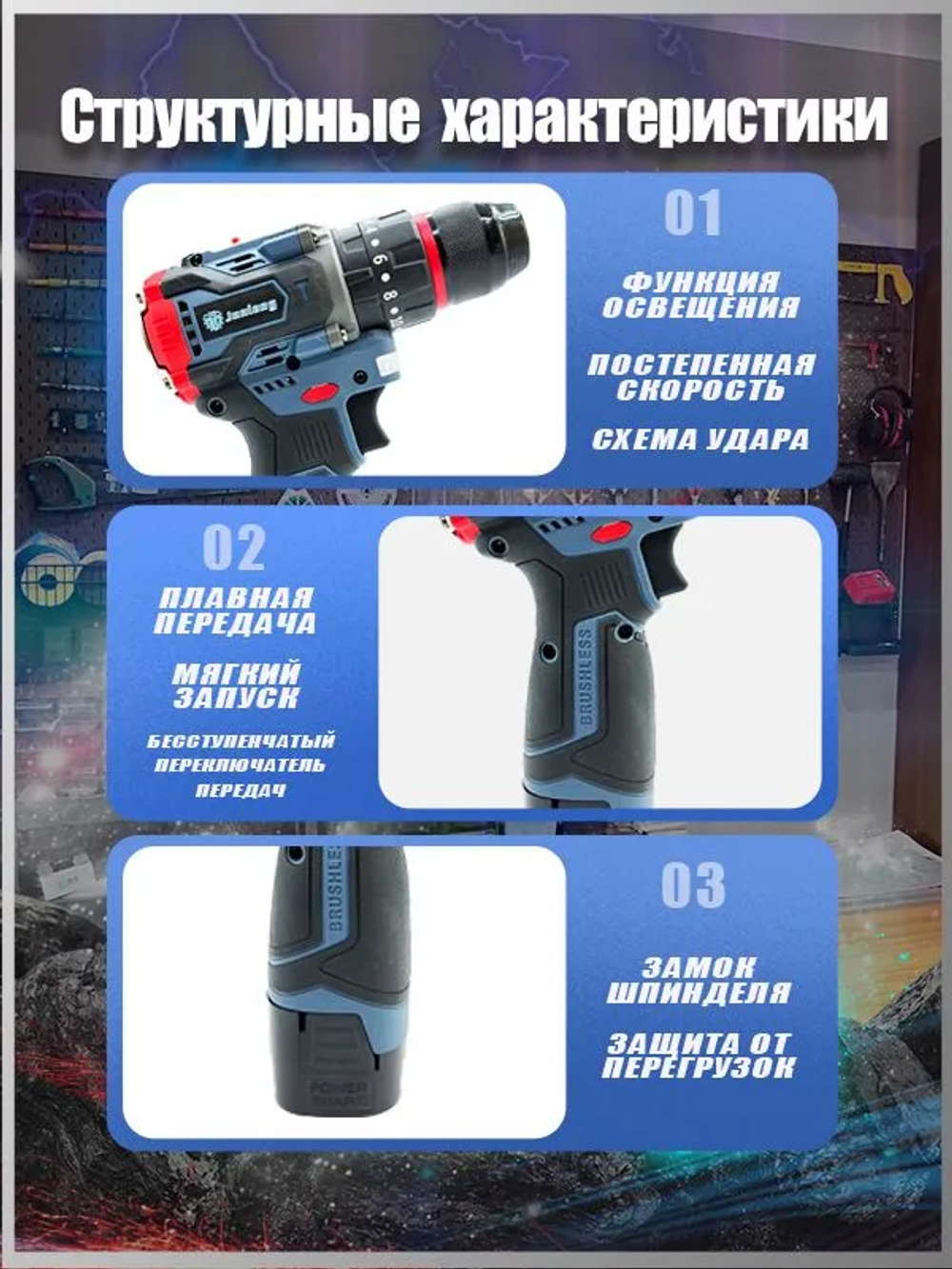 Junlong Дрель-шуруповерт, 18 В, 600 Нм, 2 АКБ