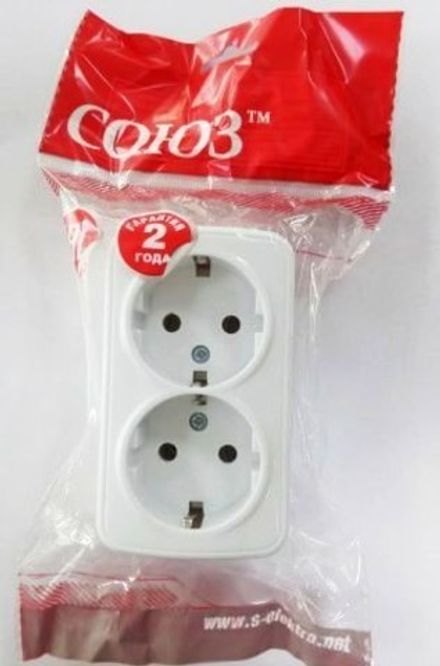 Розетка 2м "СОЮЗ" с. "Электра" c/з, о/у, 16А 220В, белая (еврослот) (EL1501) 1/10/100