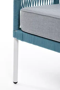 "Канны" диван 2-местный плетеный из роупа, каркас алюминий светло-серый (RAL7035) муар, роуп бирюзовый круглый, ткань светло-серая