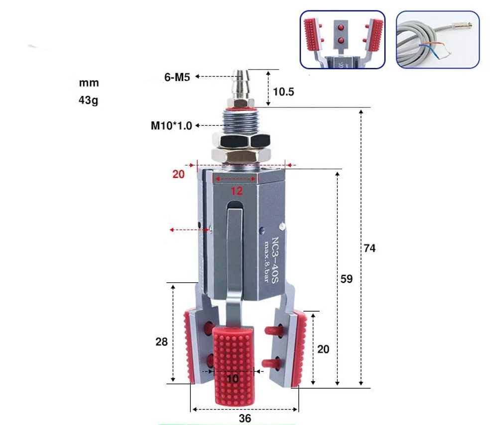 Three-jaw inner support nc3-40s (inner support range: 36-52mm) with detection and induction line