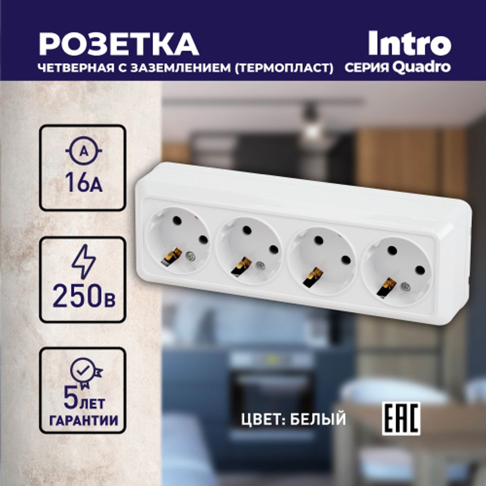 Розетка Intro Quadro 2-208-01 с заземлением четырехместная 4х2P+E, 16А-250В, IP20, ОУ, белый