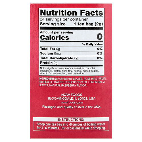 NOW Foods, чай с красной малиной, без кофеина, 24 чайных пакетика, 48 г (1,7 унции)