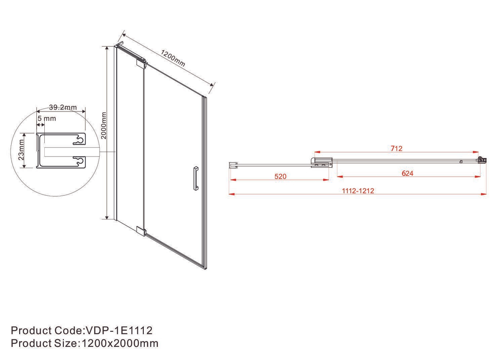 Душевая дверь Extra VDP-1E1112CLB, 1100/1200, черный, стекло прозрачное, , шт