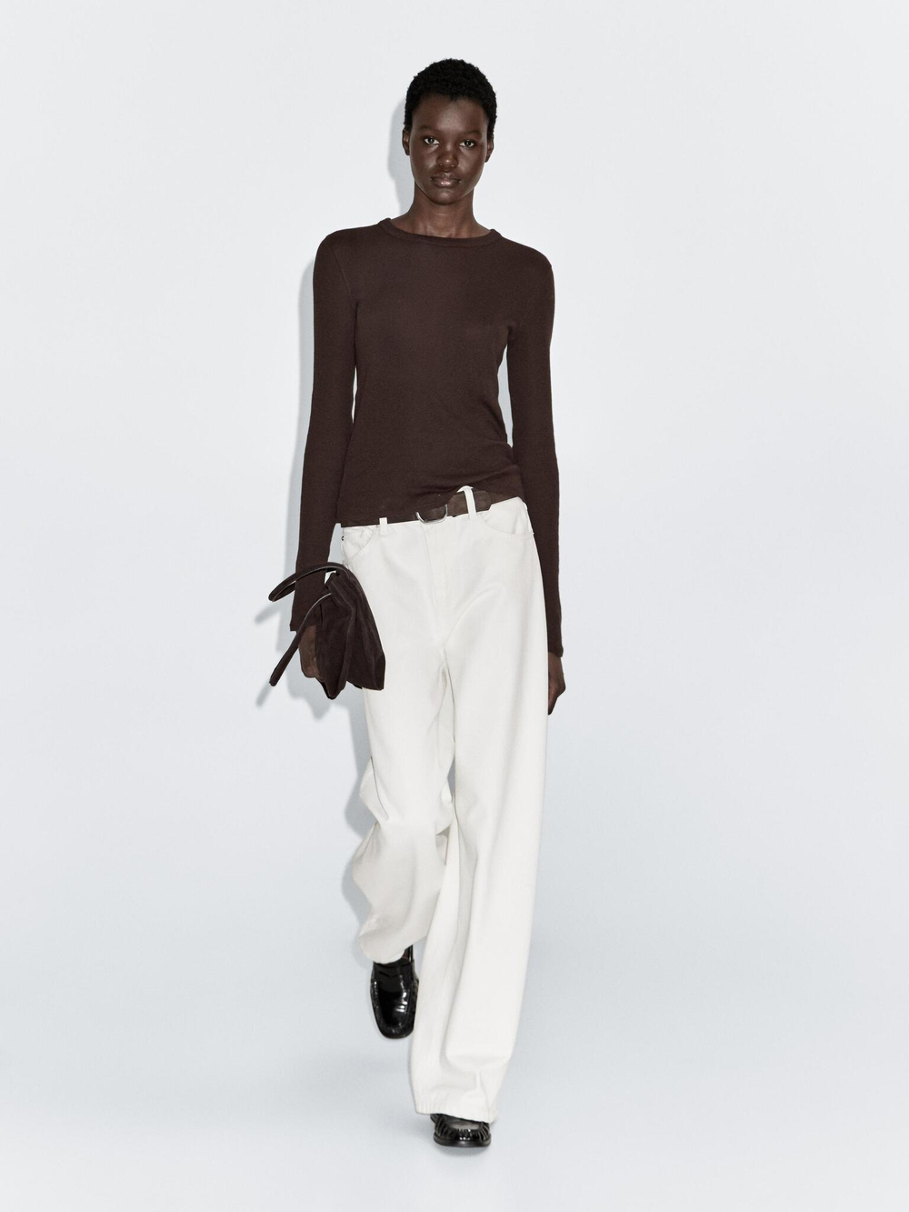 Massimo Dutti Футболка из смесового хлопка с длинными рукавами, пестро-коричневый