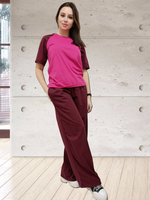 23072 Комплект женский (брюки-палаццо+футболка) кулирка бордо/малиновый (54)