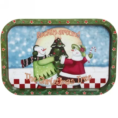 Поднос жестяной 34,5*23,5см «Снеговики у елки»